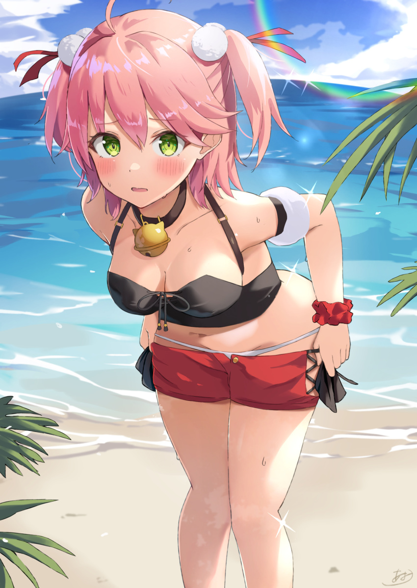 1girl absurdres ahoge amayo_(amayo000) beach bell black_choker black_halter_top blush breasts choker cleavage clothes_pull green_eyes highres hololive large_breasts leaning_forward looking_at_viewer medium_hair pink_hair pulled_by_self sakura_miko short_shorts shorts shorts_pull side-tie_shorts solo virtual_youtuber water