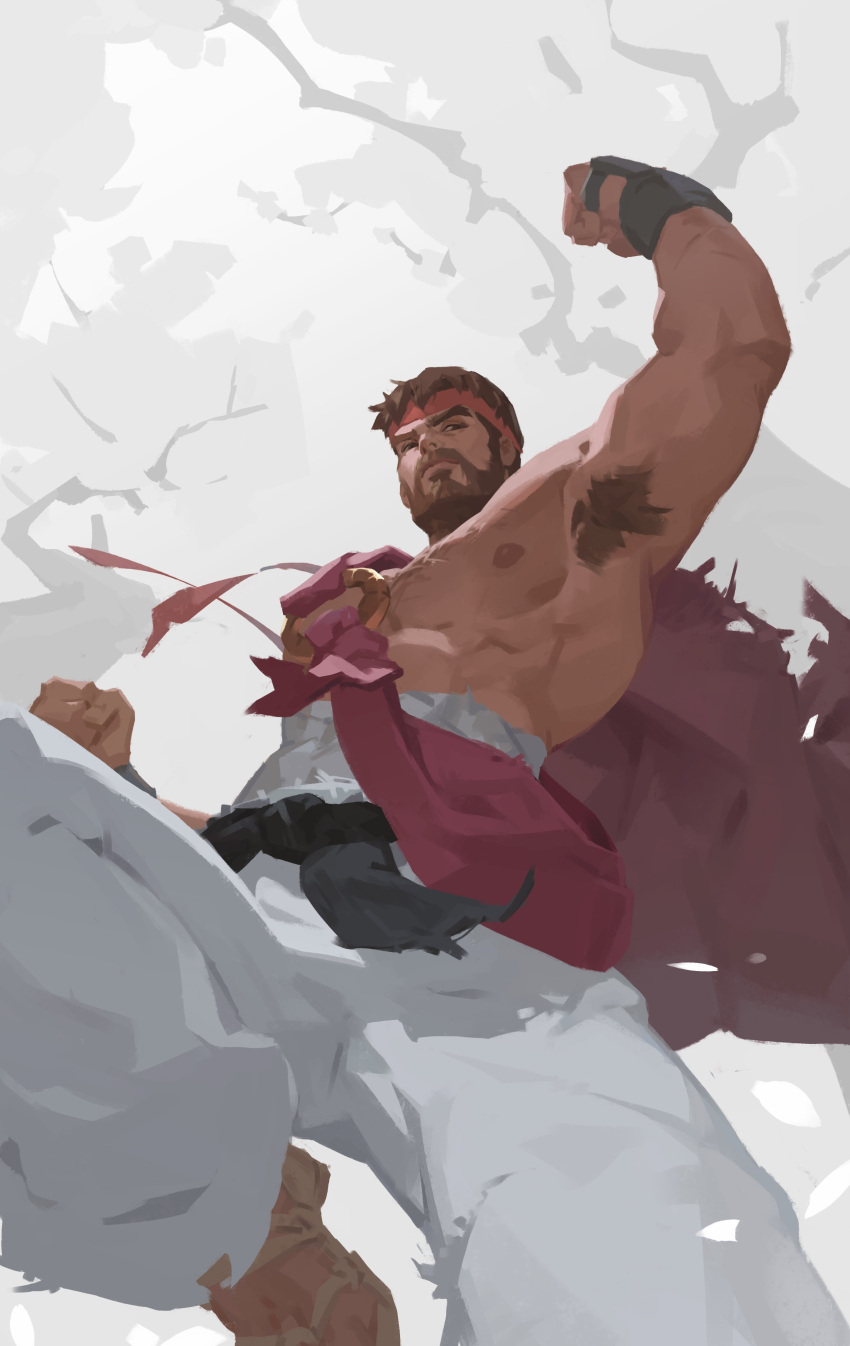 1boy absurdres armpit_hair bandana brown_eyes brown_hair facial_hair fingerless_gloves gloves headband highres japanese_clothes large_pectorals mature_male midriff_sarashi muscular muscular_male pectorals qchbtb red_bandana red_headband ryu_(street_fighter) sarashi shouryuuken street_fighter street_fighter_6 uppercut