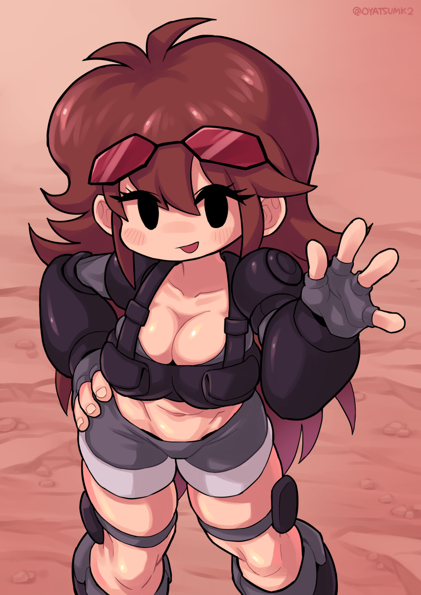 1girl :d abs absurdres artist_name bangs black_eyes black_gloves black_jacket breasts brown_hair cleavage crossover eyewear_on_head fingerless_gloves friday_night_funkin' girlfriend_(friday_night_funkin') gloves grey_shorts hand_on_hip highres jacket long_hair looking_at_viewer madness_combat muscular muscular_female navel open_mouth oyatsu_(mk2) shorts smile solo sunglasses