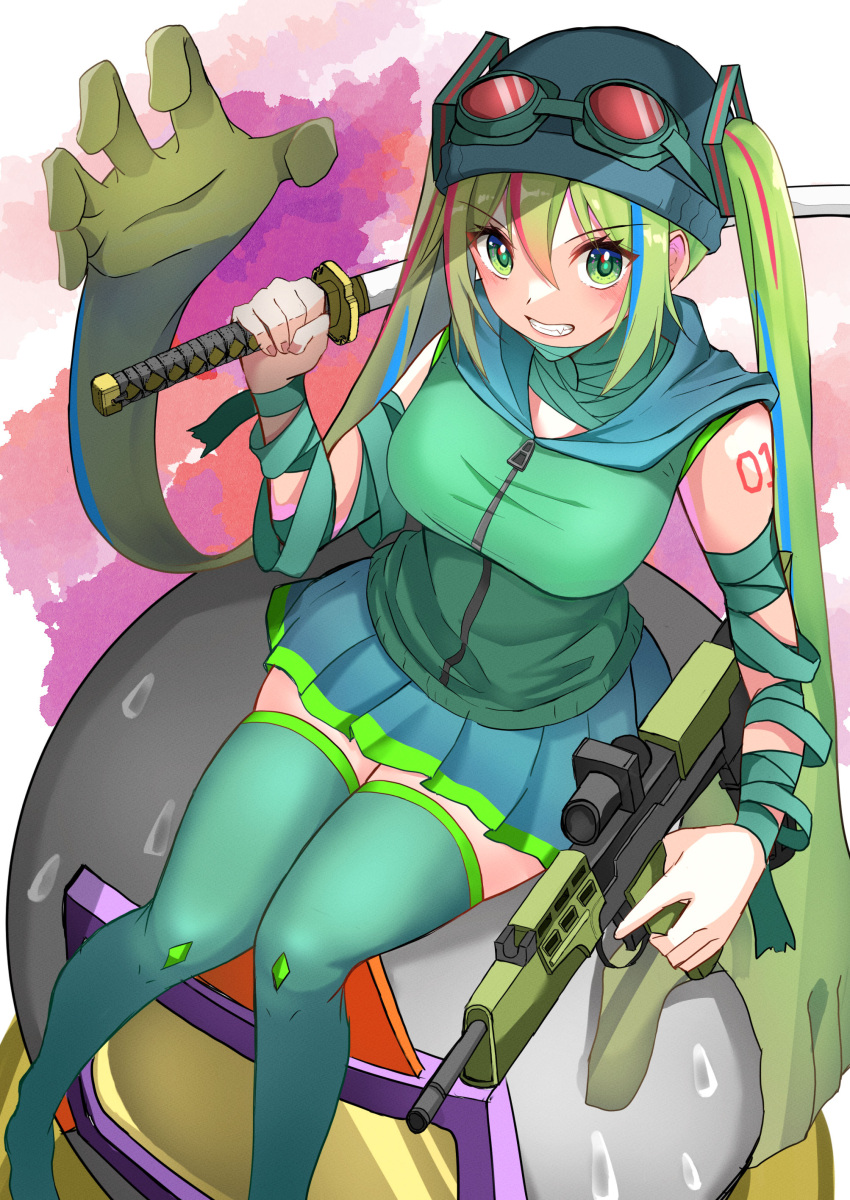 1girl 1other absurdres assault_rifle bandaged_arm bandages bandana bangs boots breasts bullpup goggles goggles_on_head green_eyes green_hair green_shirt green_skirt grin gun hatsune_miku highres holding holding_gun holding_sword holding_weapon katana kimura_mitsuki l85 large_breasts long_hair looking_at_viewer madness_combat mag_agent_v4 nail_polish open_mouth pink_nails rifle shirt sitting skirt sleeveless sleeveless_shirt smile sweat sword teeth thigh_boots twintails vocaloid weapon