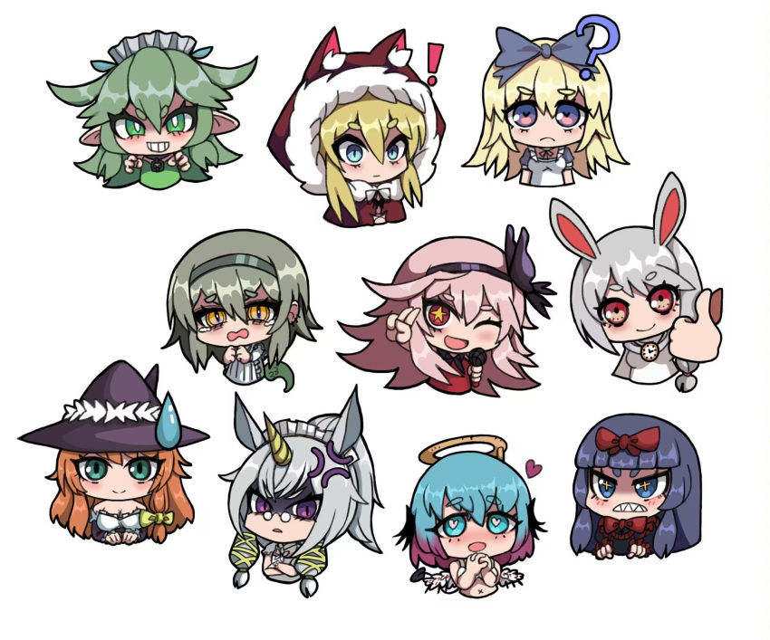 ! 1boy 6+girls ;d ? alice_(black_souls) anger_vein animal_ear_hood animal_ears aqua_eyes bill_(black_souls) black_souls blonde_hair blue_eyes blue_hair bow bowtie breasts bright_pupils chibi cleavage clenched_teeth clock clock_necklace cross-shaped_pupils crossed_arms dorothy_(black_souls) fake_halo fur-trimmed_hood fur_trim gradient_hair green_eyes green_hair green_hairband green_tail grey_hair grin hair_between_eyes hair_bow hairband halo hat heart heart-shaped_pupils highres holding holding_microphone hood hood_up horns horse_ears horse_girl koshou_shou_mitsu leaf_(black_souls) light_blue_hair lingeriena_(black_souls) lizard_tail long_hair mabel_(black_souls) maid_headdress microphone multicolored_hair multiple_girls node_(black_souls) one_eye_closed orange_hair own_hands_together pince-nez pink_hair pointy_ears prickett_(black_souls) purple_hair purple_hairband purple_headwear rabbit_ears rabbit_girl red_bow red_bowtie red_eyes red_hood_(black_souls) sharp_teeth short_hair simple_background single_horn smile sweatdrop symbol-shaped_pupils tail tears teeth thumbs_up unicorn_girl unis_(black_souls) v-shaped_eyebrows white_background white_pupils witch_hat x_navel yellow_eyes yellow_horns