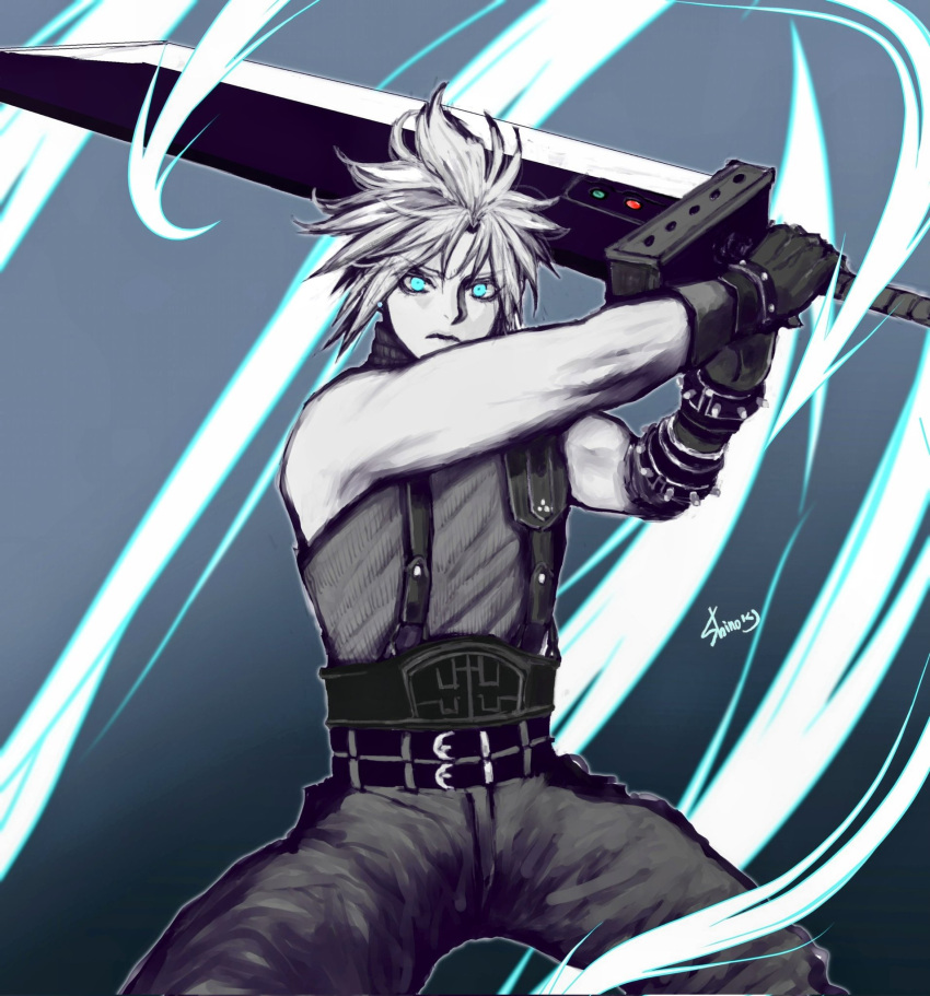 1boy baggy_pants bare_shoulders belt black_gloves blue_eyes buster_sword closed_mouth cloud_strife commentary cowboy_shot fighting_stance final_fantasy final_fantasy_vii final_fantasy_vii_remake gloves glowing glowing_eyes hands_up highres holding holding_sword holding_weapon huge_weapon looking_at_viewer male_focus materia multiple_belts pants serious shinogu_r short_hair signature sleeveless sleeveless_turtleneck solo spiked_hair suspenders sweater sword turtleneck turtleneck_sweater weapon