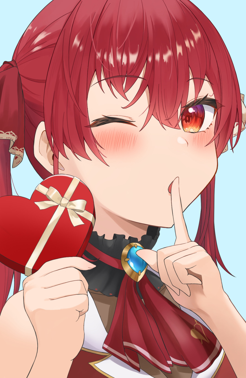 1girl artist_request ascot bare_shoulders blush bow box box_of_chocolates chocolate cropped_jacket finger_to_mouth food hair_bow highres holding holding_chocolate holding_food hololive houshou_marine houshou_marine_(1st_costume) jacket long_hair looking_at_viewer no_eyepatch one_eye_closed red_ascot red_eyes red_hair red_jacket ribbon shushing simple_background sleeveless sleeveless_jacket solo sugarillust twintails upper_body valentine virtual_youtuber yellow_bow