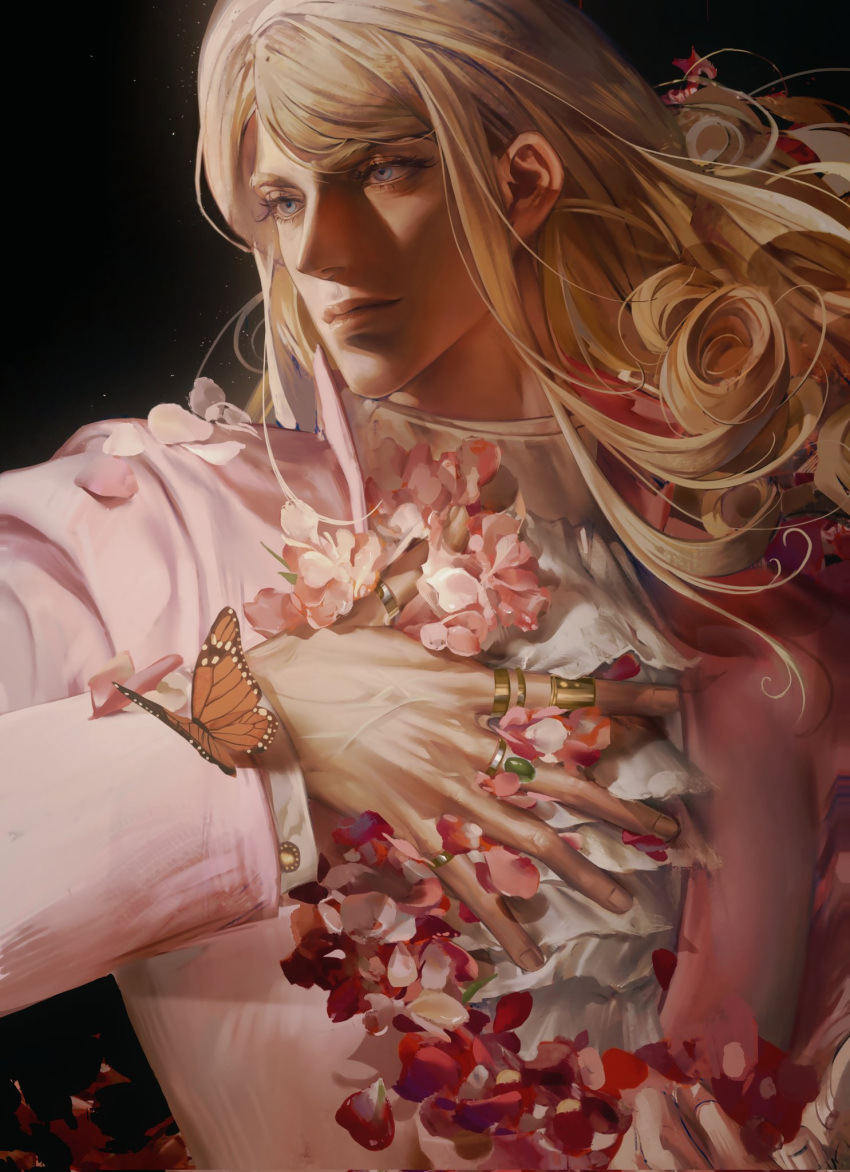 1boy ascot black_background blonde_hair blue_eyes bug butterfly butterfly_on_hand curly_hair flower funny_valentine hand_on_own_chest highres jewelry jojo_no_kimyou_na_bouken long_hair long_sleeves looking_to_the_side male_focus monarch_butterfly multiple_rings pink_suit qvlv_kuzi_feichuan ring solo steel_ball_run suit white_ascot