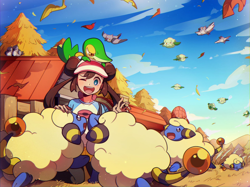 1girl bird blue_eyes blue_sky bright_pupils brown_hair cloud commentary_request cottonee double_bun doughnut_hair_bun fence floating flying hair_bun highres korean_commentary long_hair mareep one_eye_closed open_mouth pidove pokemon pokemon_(creature) pokemon_bw2 rosa_(pokemon) selyg15 sheep sky smile snivy tail teeth upper_teeth_only visor_cap white_pupils wooden_fence wool
