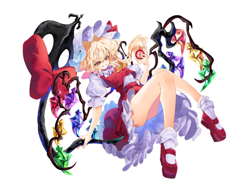 1girl absurdres ascot blonde_hair bow calpis118 commentary_request crystal energy_ball evil_grin evil_smile eyelashes flandre_scarlet floating_hair frilled_skirt frills full_body grin hair_between_eyes hand_up hat highres holding holding_weapon huge_bow knees_together_feet_apart laevatein_(touhou) light_blush looking_at_viewer mary_janes medium_hair mob_cap puffy_short_sleeves puffy_sleeves red_bow red_eyes red_footwear red_skirt red_vest shirt shoes short_sleeves side_ponytail simple_background skirt slit_pupils smile socks solo thighs touhou vest wavy_hair weapon white_background white_headwear white_shirt white_socks wings yellow_ascot