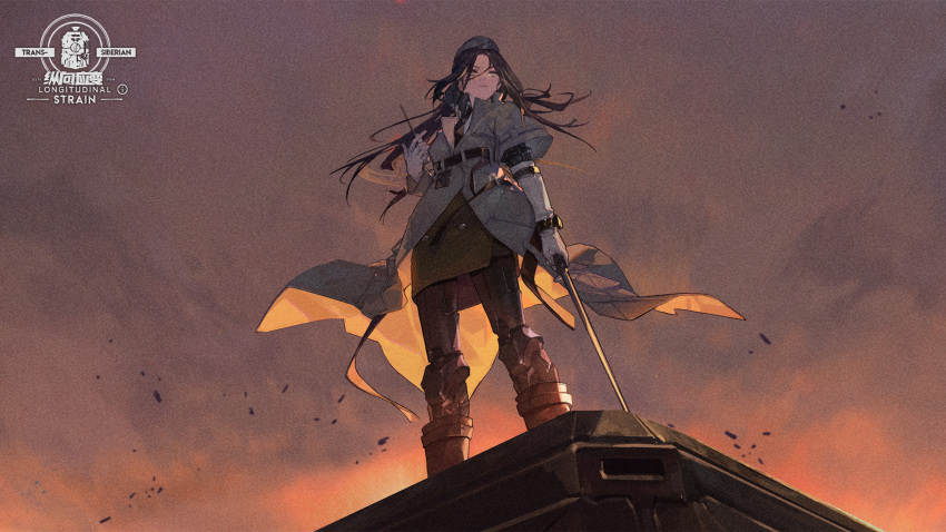 1girl ar-18_(girls'_frontline) artist_request black_hair black_necktie boots chinese_commentary closed_mouth coat commentary_request debris dusk from_below girls'_frontline gloves grey_coat hat highres holding holding_sword holding_walkie-talkie holding_weapon jacket long_hair long_sleeves looking_ahead necktie official_art on_vehicle saber_(weapon) serious shirt short_sleeves solo sword third-party_source train walkie-talkie watch weapon white_gloves white_shirt wristwatch