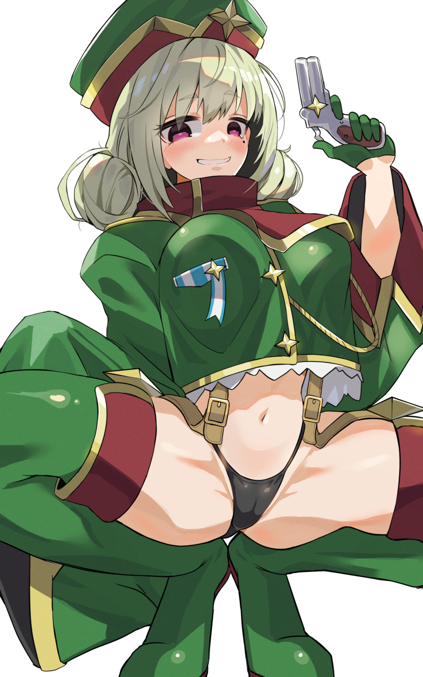 1girl absurdres araga_kiwi black_panties blaze_(blazeillust) boots cameltoe commentary cropped_jacket derringer double_bun garter_straps gloves green_footwear green_gloves green_hair green_headwear green_jacket grin gun hair_bun handgun hat hat_ornament highres holding holding_gun holding_weapon jacket leopard_(mahou_shoujo_ni_akogarete) long_sleeves looking_at_viewer magical_girl mahou_shoujo_ni_akogarete medium_hair military_hat military_jacket mole mole_under_eye panties purple_eyes simple_background smile solo squatting star_(symbol) star_hat_ornament thigh_boots underwear very_long_sleeves weapon white_background