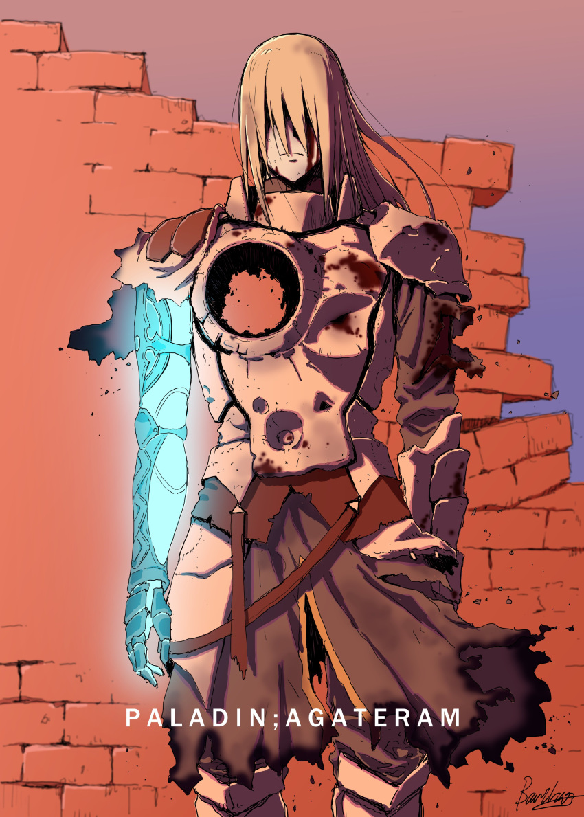 1boy absurdres airgetlam_(fate) armor arms_at_sides barikios bedivere_(fate) black_tunic blood blood_on_armor blood_on_face breastplate brick_wall broken_armor broken_wall burnt_clothes closed_mouth covered_eyes deep_wound dent dying facing_viewer fate/grand_order fate_(series) faulds feet_out_of_frame floating_hair frown gauntlets glowing_arm gradient_background greaves grey_hair hair_down hair_over_eyes highres hole_in_chest hole_on_body injury long_hair male_focus mechanical_arms pauldrons purple_background shoulder_armor signature single_mechanical_arm single_pauldron solo spoilers standing torn_clothes torn_tunic