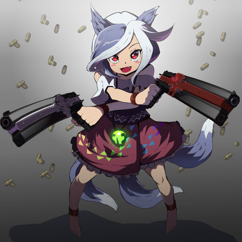 1girl :d animal_ears bare_legs bare_shoulders barefoot bear_trap blush commentary_request cuffs dog_ears dog_tail extra_tails fang frilled_shirt frilled_skirt frills full_body grey_background grey_hair gun handgun highres holding holding_gun holding_weapon jewelry mitsugashira_enoko necklace off-shoulder_shirt off_shoulder open_mouth pink_skirt purple_shirt red_eyes shackles shell_bullet shirt simple_background skirt smile solo standing syope tail touhou weapon white_hair