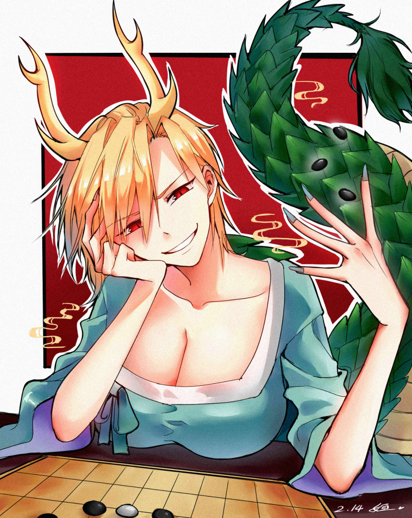 1girl blonde_hair blue_shirt breasts chinese_chess chinese_commentary cleavage collarbone commentary_request dated dragon_tail film_grain grin hand_up head_on_hand heng_(heng798616) highres kicchou_yachie large_breasts red_eyes shirt short_hair slit_pupils smile solo tail touhou two-sided_fabric two-sided_sleeves wide_sleeves