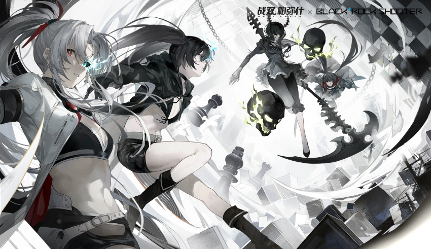 4girls alpha_(punishing:_gray_raven) bikini bikini_top_only black_hair black_rock_shooter black_rock_shooter_(character) blue_eyes boots breasts character_name character_request chess_piece copyright_name crossover dead_master flaming_eye floating_skull full_body green_eyes highres holding holding_scythe holding_sword holding_weapon logo long_hair multiple_girls navel official_art punishing:_gray_raven red_eyes scythe second-party_source shorts swimsuit sword weapon white_hair