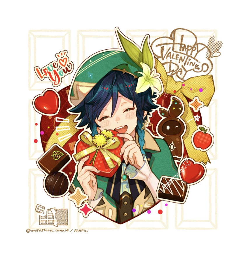 1boy apple aqua_gemstone artist_name beret black_bow black_bowtie blue_hair blush bow bowtie box braid brown_corset buttons candy capelet cecilia_flower_(genshin_impact) chocolate closed_eyes collared_capelet corset english_commentary english_text fingernails flower food fruit gem genshin_impact gradient_hair green_capelet green_flower green_headwear hair_between_eyes hands_up happy_valentine hat hat_flower hat_ornament heart heart-shaped_box heart-shaped_chocolate highres holding holding_box leaf leaf_hat_ornament long_sleeves male_focus misoshiru_umai4 multicolored_hair open_mouth polka_dot purple_hair shirt short_hair smile solo sparkle star_(symbol) striped_bow striped_bowtie striped_clothes teeth tongue twin_braids upper_body venti_(genshin_impact) white_background white_shirt yellow_bow