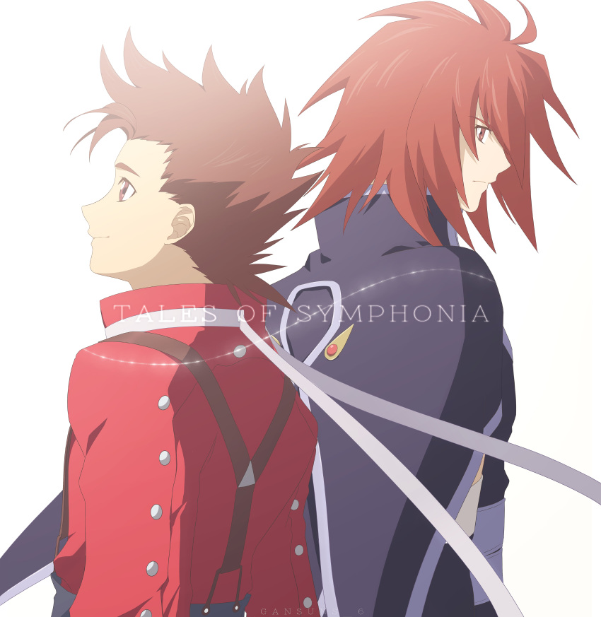 2boys absurdres back-to-back brown_eyes brown_hair cape closed_mouth commentary_request english_text highres kratos_aurion lloyd_irving male_focus multiple_boys purple_clothing red_eyes red_hair red_shirt roku_(gansuns) shirt short_hair smile spiked_hair suspenders tales_of_(series) tales_of_symphonia white_background