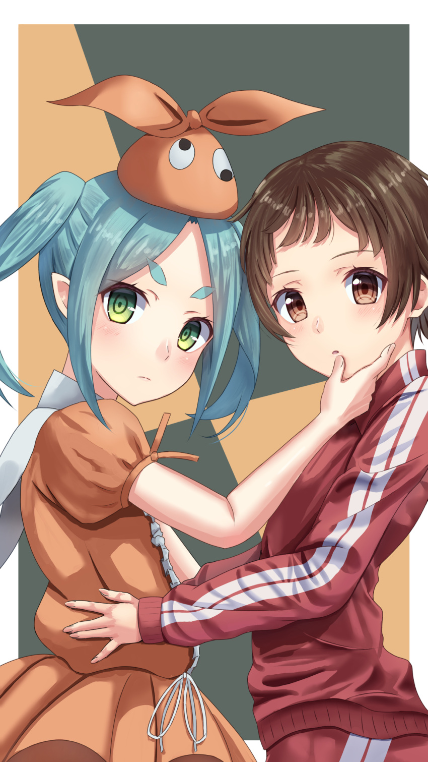 2girls \||/ amai_to_mato aqua_hair border brown_background brown_eyes brown_hair commentary double_vertical_stripe dress expressionless face-to-face googly_eyes green_background green_eyes hand_on_another's_face hand_on_another's_waist highres hikimayu jacket light_blush light_frown long_hair long_sleeves looking_at_viewer looking_to_the_side monogatari_(series) multiple_girls ononoki_yotsugi orange_dress orange_headwear outside_border pants puffy_short_sleeves puffy_sleeves red_jacket red_pants ringed_eyes sengoku_nadeko short_eyebrows short_hair short_sleeves thick_eyebrows track_jacket track_pants track_suit twintails upper_body very_long_hair very_short_hair white_border