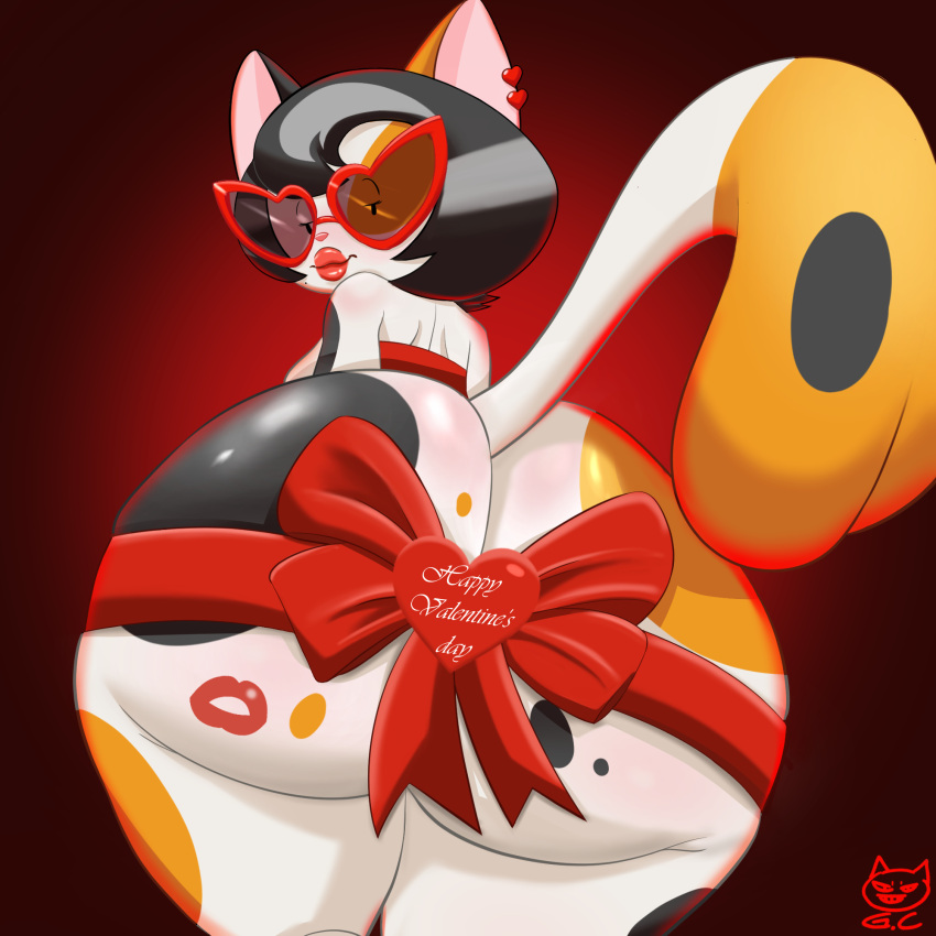 anthro big_butt butt calico_cat domestic_cat eyewear felid feline felis female glasses gomezcat hi_res holidays katy_cali kiss_mark mammal piercing pinup pose ribbons valentine's_day