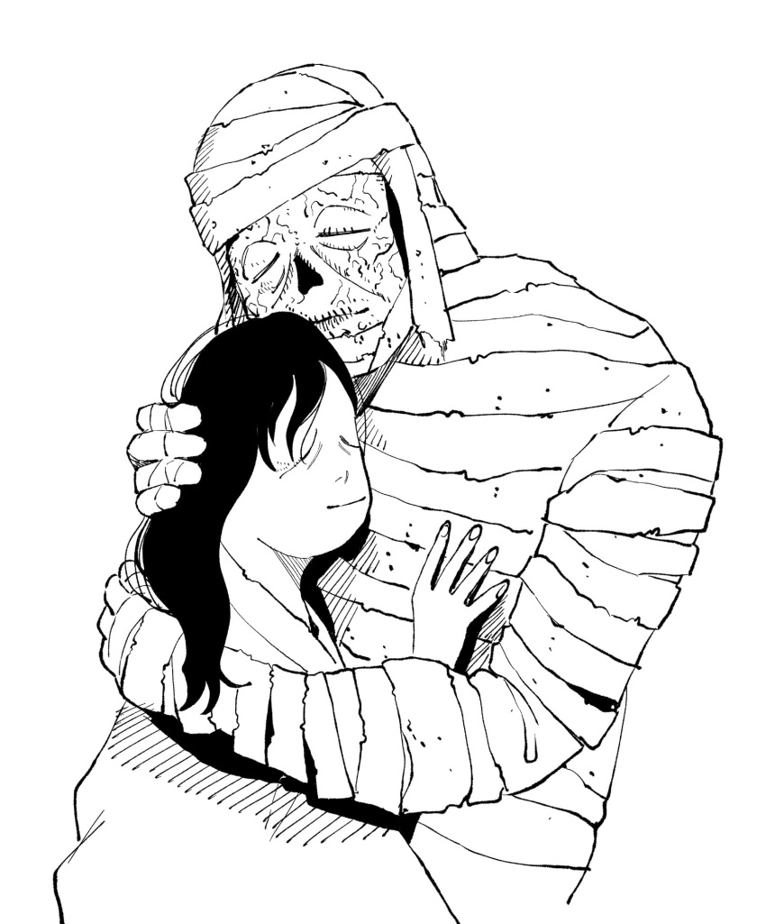 1boy 1girl bandages closed_eyes closed_mouth enka_(marorinn) gegege_no_kitarou greyscale highres hug husband_and_wife iwako_(gegege_no_kitarou) long_hair medama_oyaji monochrome mummy simple_background upper_body white_background