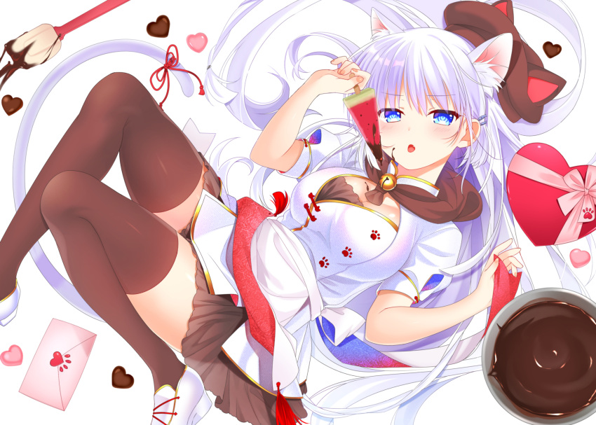 1girl adapted_costume animal_ear_fluff animal_ear_headwear animal_ears apron bell beret black_skirt black_thighhighs blue_eyes blunt_ends box breasts brown_headwear candy cat_ears cat_girl cat_tail china_dress chinese_clothes chocolate cleavage cleavage_cutout clothing_cutout commentary dress english_commentary fang fingernails food food_in_mouth foot_out_of_frame from_above hair_between_eyes hair_ornament hair_spread_out hairclip hands_up hat heart heart-shaped_box heart-shaped_chocolate heart_print highres jingle_bell kemonomimi_mode large_breasts long_hair looking_at_viewer love_letter lying miniskirt naruse_shiroha neck_bell on_back open_mouth otou_(otou_san) paw_print popsicle popsicle_in_mouth print_dress red_ribbon ribbon ringed_eyes short_sleeves simple_background skirt solo summer_pockets tail tail_ornament tail_ribbon thighhighs thighs valentine very_long_hair waist_apron watermelon_bar white_apron white_background white_dress zettai_ryouiki