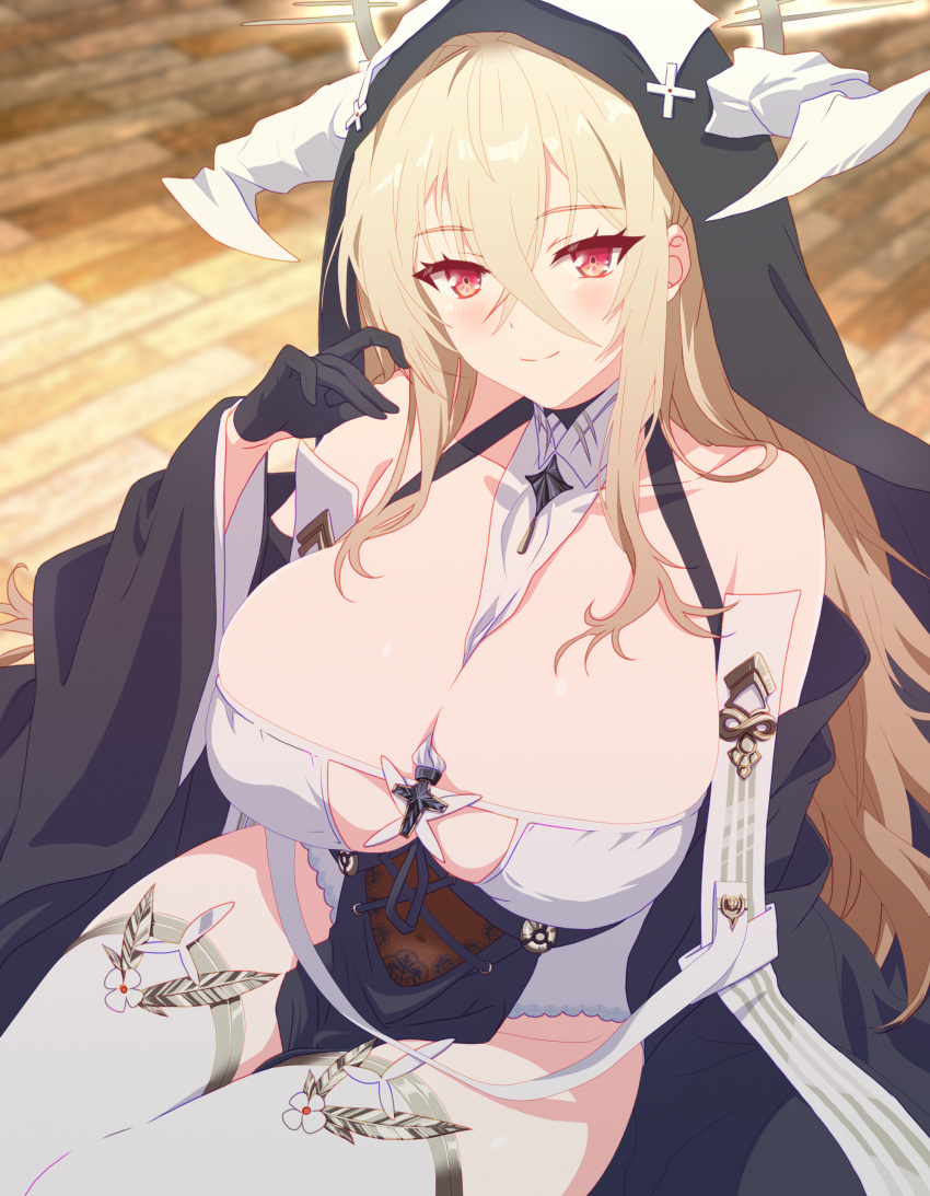 1girl absurdres arbiter1 azur_lane bare_shoulders black_gloves blonde_hair breast_cutout breasts cleavage fake_horns flower gloves hair_between_eyes half_gloves highres horns huge_breasts implacable_(azur_lane) indoors long_hair looking_at_viewer nun pelvic_curtain red_eyes revealing_clothes see-through solo thighhighs veil white_flower white_horns white_thighhighs