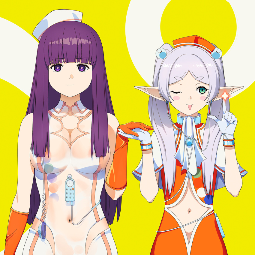 2girls ;p a1 album_cover_redraw alternate_costume ascot blush_stickers breasts cleavage cleavage_cutout closed_mouth clothing_cutout commentary_request cosplay derivative_work elf fern_(sousou_no_frieren) frieren gloves green_eyes grey_hair hat highres index_finger_raised long_hair looking_at_viewer looking_to_the_side love_live! love_live!_school_idol_project medium_breasts multiple_girls navel_cutout nipples one_eye_closed orange_gloves orange_headwear otome_shiki_ren'ai_juku pointy_ears purple_eyes purple_hair see-through smile sousou_no_frieren tongue tongue_out toujou_nozomi toujou_nozomi_(cosplay) twintails white_ascot white_gloves white_headwear yazawa_nico yazawa_nico_(cosplay) yellow_background
