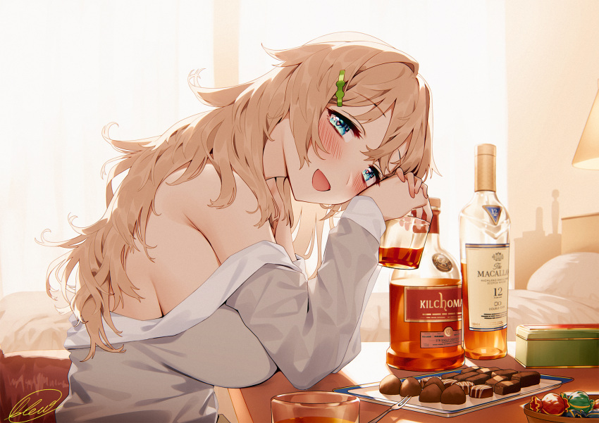 1girl alcohol bed bedroom blew_andwhite blonde_hair blue_eyes blush breast_rest breasts candy chocolate commentary_request cup curly_hair elbows_on_table food hair_ornament hairclip highres holding holding_cup kilchoman_(whisky) large_breasts long_hair looking_at_viewer macallan_12_(whisky) messy_hair open_clothes open_mouth original own_hands_together sideboob signature smile solo sunlight upper_body valentine whiskey window