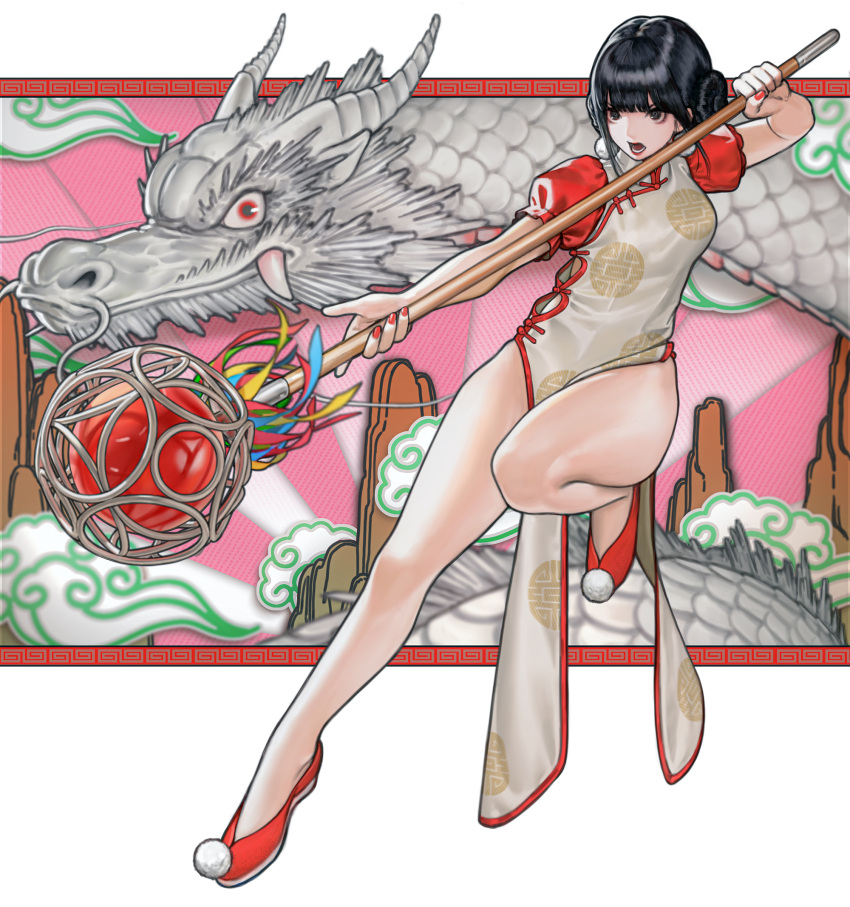 1girl bare_legs black_eyes black_hair blunt_bangs breasts china_dress chinese_clothes chinese_commentary commentary_request double_bun dragon dress eastern_dragon full_body hair_bun highres holding holding_staff leg_up nail_polish nizuma open_mouth original outside_border pom_pom_(clothes) puffy_short_sleeves puffy_sleeves red_footwear red_nails shoes short_sleeves side_slit small_breasts solo staff standing standing_on_one_leg thighs white_dress whorled_clouds