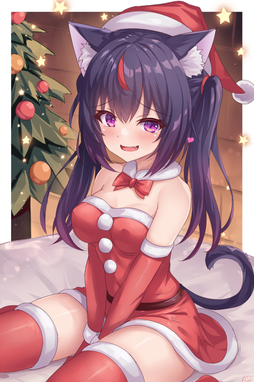 1girl :d absurdres animal_ears belt black_hair bow bowtie brown_belt cat_ears cat_girl christmas_tree commentary_request covered_navel dress elbow_gloves fang gloves hat highres kazuneko_(wktk1024) long_hair multicolored_hair open_mouth original purple_eyes red_bow red_bowtie red_dress red_gloves red_hair red_headwear red_thighhighs santa_dress santa_gloves santa_hat sitting smile solo standing streaked_hair thighhighs twintails