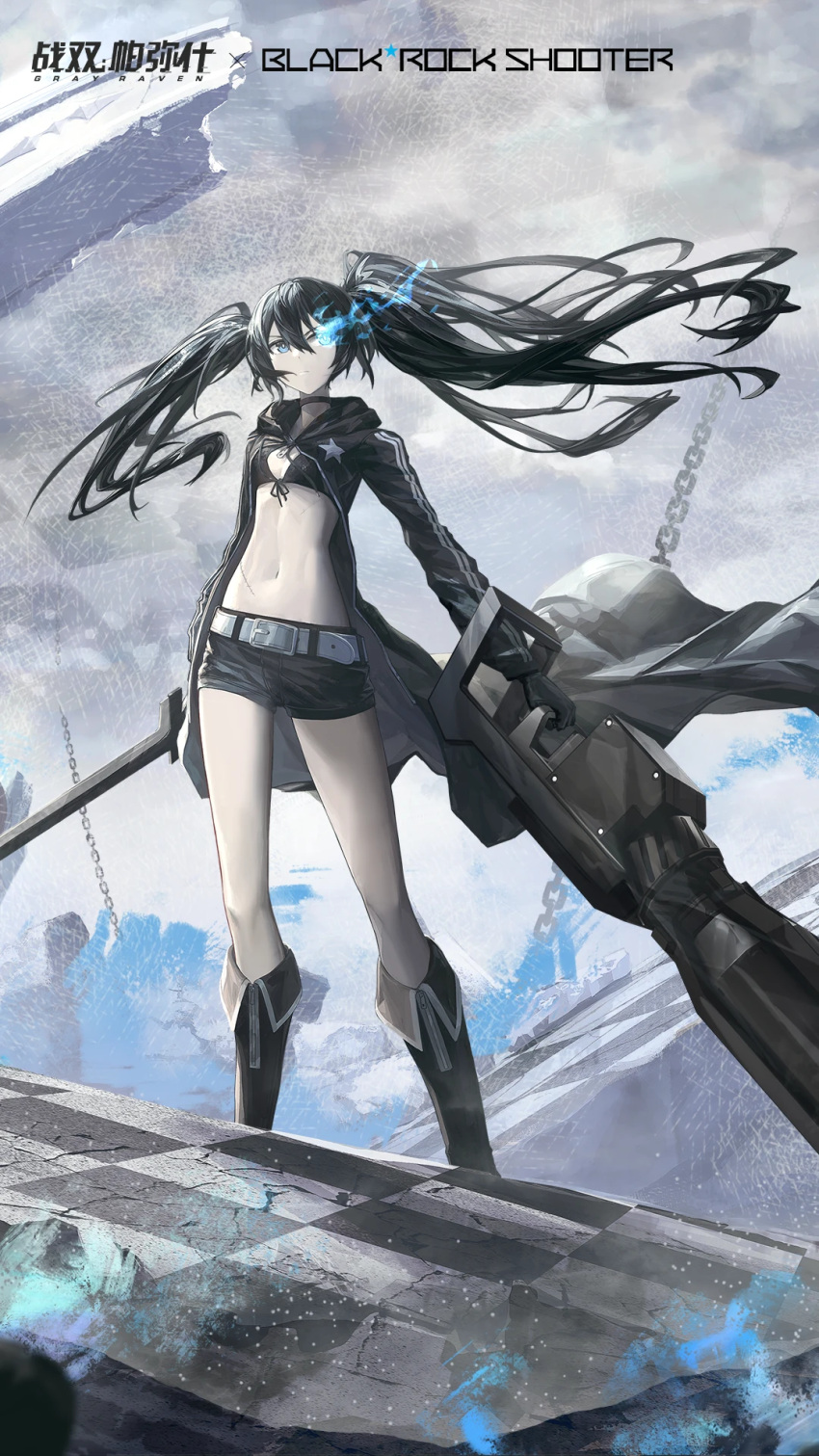 1girl black_hair black_rock_shooter black_rock_shooter_(character) blue_eyes character_name copyright_name crossover flaming_eye gun highres holding holding_gun holding_sword holding_weapon logo long_hair navel official_art outdoors punishing:_gray_raven second-party_source shorts solo sword weapon