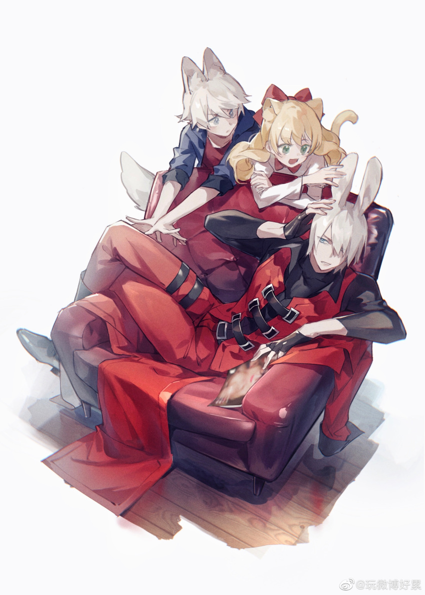 1girl absurdres aged_down animal_ear_fluff animal_ears bishounen blonde_hair blue_eyes bow cat_ears cat_girl chinese_commentary closed_mouth coat commentary_request dante_(devil_may_cry) devil_may_cry_(anime) devil_may_cry_(series) dress e_(h798602056) fingerless_gloves fox_boy fox_ears gloves green_eyes hair_over_one_eye highres holding long_hair male_focus multiple_boys nero_(devil_may_cry) open_mouth patty_lowell rabbit_boy rabbit_ears red_coat simple_background smile solo uncle_and_nephew white_hair