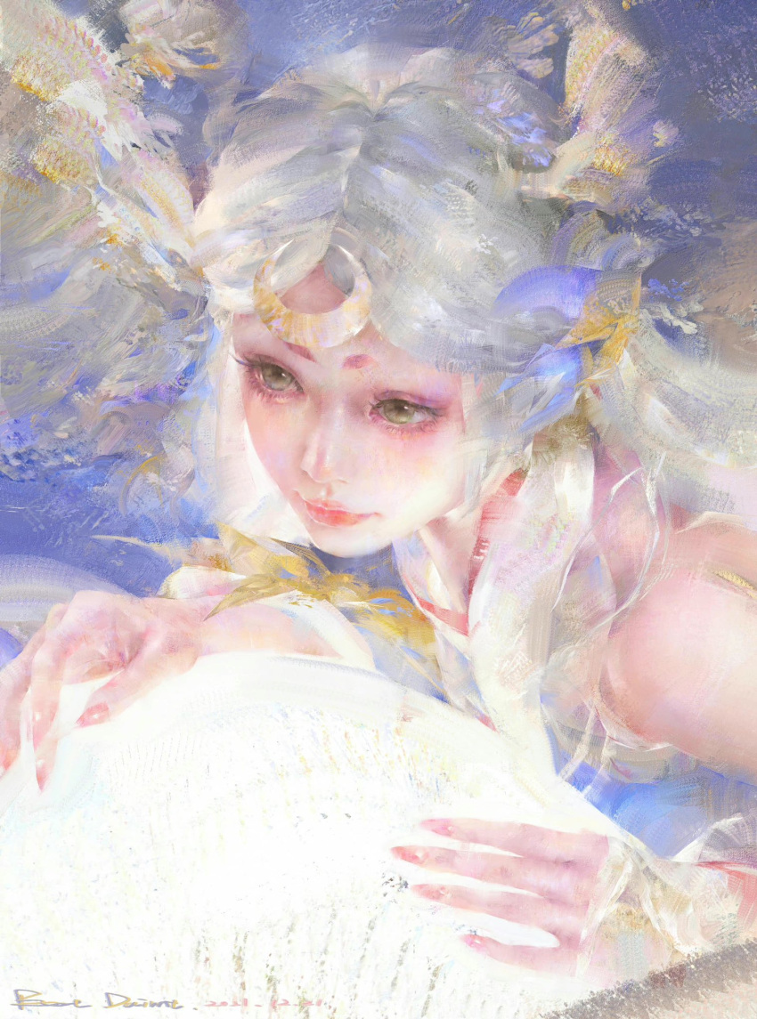 1girl artist_name bare_shoulders bestdaimt blue_background closed_mouth crescent eyelashes fingernails green_eyes highres long_fingernails long_hair original painterly pink_nails realistic signature solo upper_body white_hair