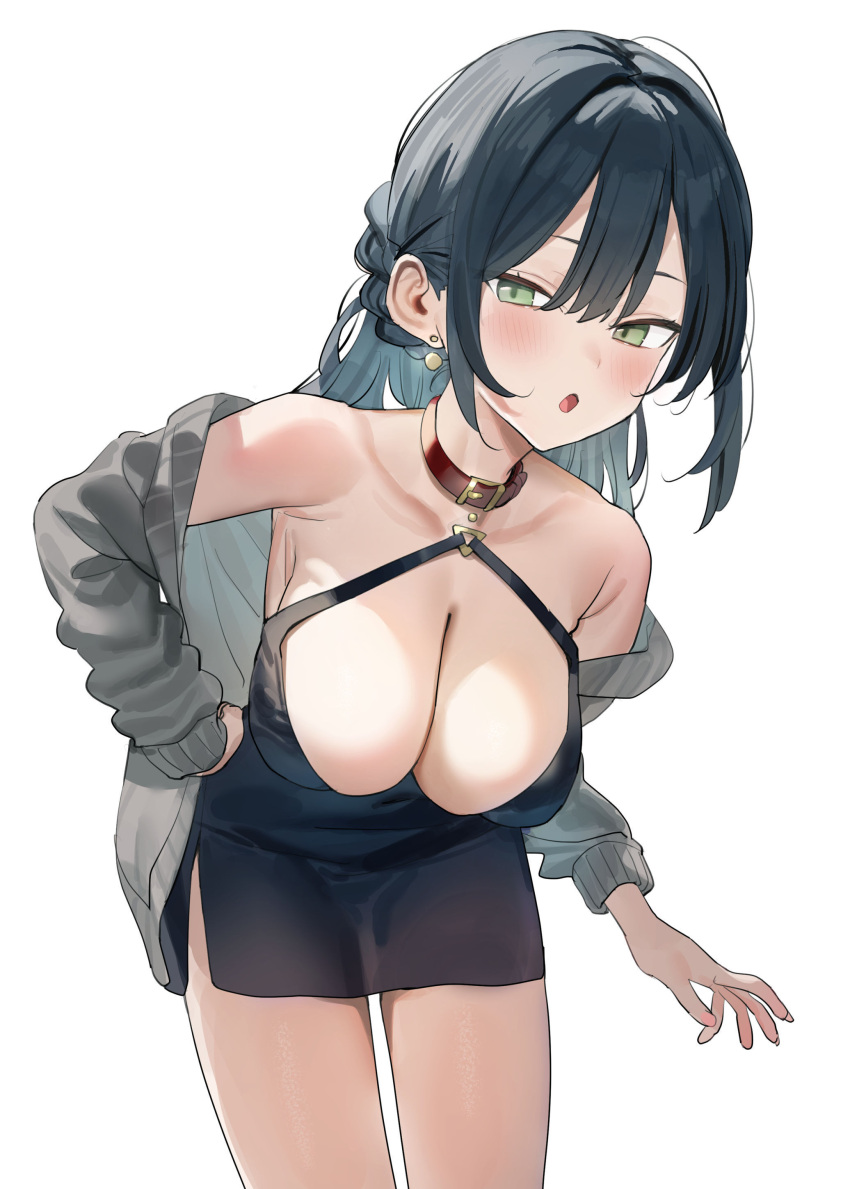 1girl :o absurdres black_dress black_hair blush breasts cleavage collar commentary_request dress earrings green_eyes grey_jacket hand_on_own_hip highres jacket jewelry large_breasts long_hair open_clothes open_jacket original parted_lips red_collar simple_background solo standing subachi white_background