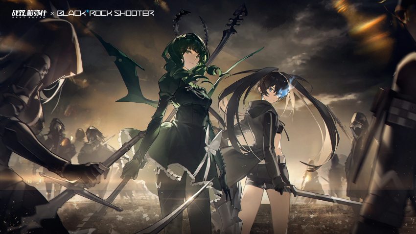 2girls black_hair black_rock_shooter black_rock_shooter_(character) black_theme blue_eyes breasts character_name copyright_name crossover dead_master flaming_eye green_eyes green_hair highres holding holding_scythe holding_sword holding_weapon logo long_hair multiple_girls official_art punishing:_gray_raven scythe second-party_source shorts sword weapon