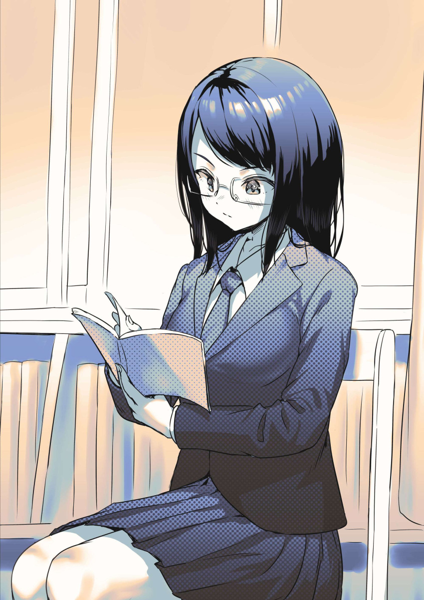 1girl absurdres ayanakitori blazer blush book commentary_request glasses highres holding holding_book jacket long_sleeves medium_hair necktie original pleated_skirt reading school_uniform shirt sitting skirt solo thighs