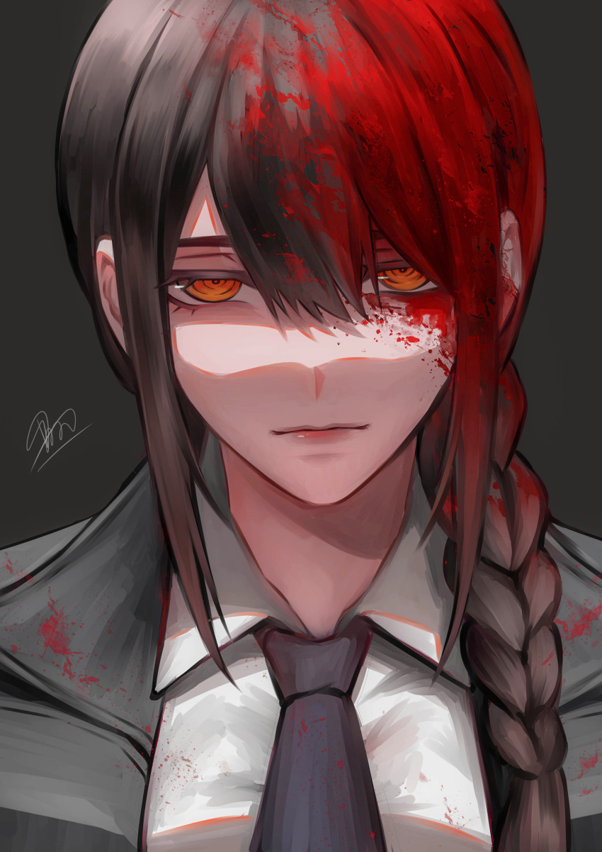 1girl absurdres aged_up asarizer black_hair black_necktie black_suit blood blood_in_hair blood_on_clothes blood_on_face braid chainsaw_man commentary cosplay expressionless eyebrows_hidden_by_hair hair_over_shoulder highres makima_(chainsaw_man) makima_(chainsaw_man)_(cosplay) nayuta_(chainsaw_man) necktie orange_eyes portrait ringed_eyes signature single_braid solo suit