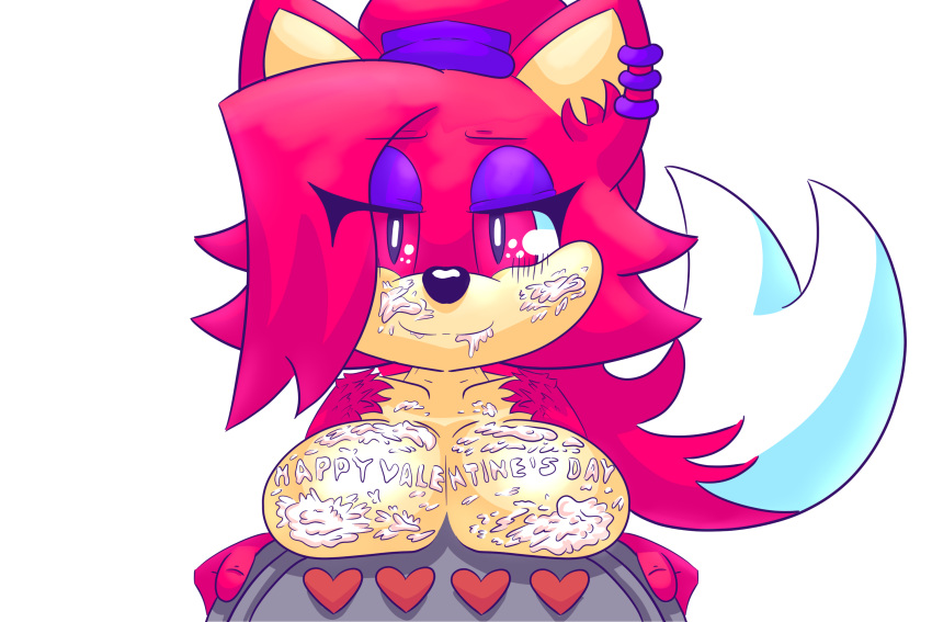 anthro asami_the_cat big_breasts breasts cookie ear_piercing fan_character felid feline female food fur hair hi_res holding_object holidays humanoid long_hair mammal piercing red_body red_eyes red_fur red_hair redeye_samurai_(artist) sega simple_background smile solo sonic_the_hedgehog_(series) tail tan_body tan_skin valentine's_day