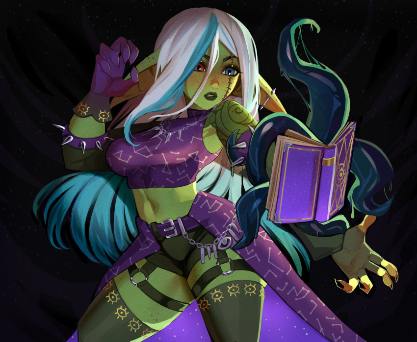 1girl absurdres aqua_hair armlet black_background black_nails black_shorts black_thighhighs blue_eyes book bracelet colored_skin crop_top ear_piercing female_goblin freckles gloves goblin green_skin heterochromia highres jewelry large_ears long_hair maewix_(artist) multicolored_hair navel open_book original piercing pointy_ears purple_gloves purple_shirt red_eyes scar scar_across_eye scar_on_face shirt short_shorts shorts shoulder_tattoo simple_background single_glove sleeveless sleeveless_shirt solo spiked_armlet spiked_bracelet spikes summoning tattoo tentacles thighhighs two-tone_hair white_hair