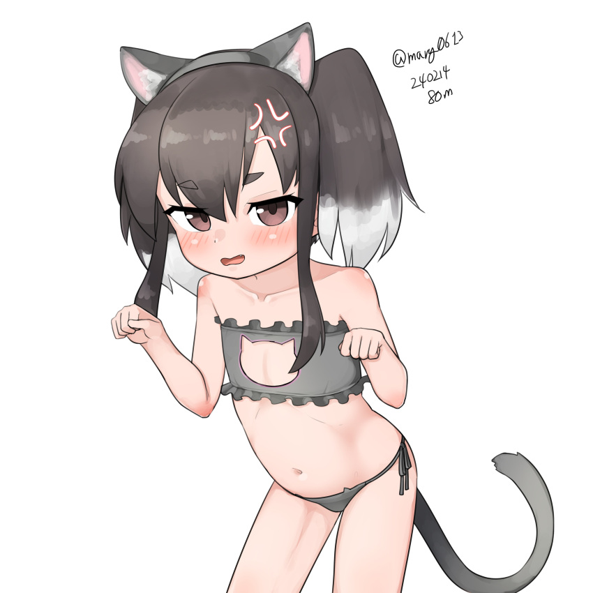 1girl absurdres alternate_costume anger_vein animal_ears animal_hands black_hair bra brown_eyes cat_cutout cat_ear_panties cat_ears cat_lingerie cat_tail cleavage_cutout clothing_cutout frilled_bra frills gloves gradient_hair grey_bra grey_panties highres kantai_collection maru_(marg0613) meme_attire multicolored_hair one-hour_drawing_challenge panties paw_gloves short_hair short_hair_with_long_locks side-tie_panties simple_background solo tail thick_eyebrows tokitsukaze_(kancolle) twintails underwear underwear_only white_background