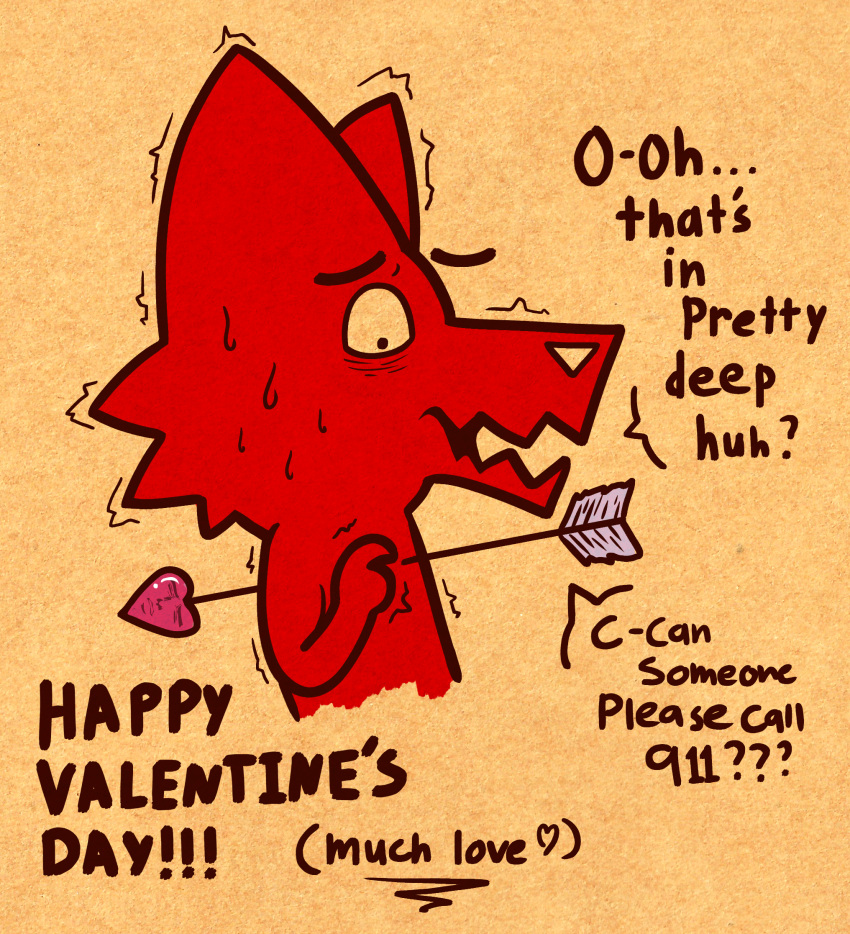 &lt;3 ambiguous_gender anthro arrow_(weapon) bodily_fluids canid canine canis cardboard comic_panel deedoss dialogue fox gesture hi_res holidays humor mammal nervous pointing ranged_weapon redd_(deedoss) simple_background simple_eyes simple_face solo sweat sweatdrop text valentine's_day valentine's_day_card weapon wolf worried