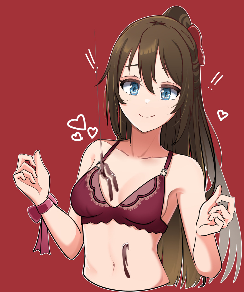 ! !! 1girl absurdres bare_shoulders bikini blue_eyes bra breasts brown_hair chocolate chocolate_on_body closed_mouth collarbone commentary cropped_torso english_commentary food_on_body hair_between_eyes heart highres lace-trimmed_bra lace_trim long_hair looking_at_viewer love_live! love_live!_nijigasaki_high_school_idol_club medium_breasts midriff navel ousaka_shizuku ponytail red_background red_bikini red_ribbon ribbon sideboob sidelocks smile solo swimsuit underwear whin wrist_ribbon