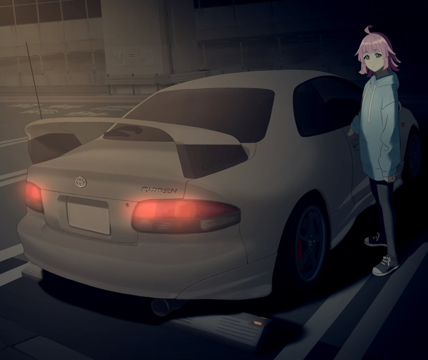 1girl absurdres ahoge black_footwear black_thighhighs blue_hoodie blunt_bangs car commentary commentary_request highres hood hoodie long_sleeves looking_at_viewer love_live! love_live!_nijigasaki_high_school_idol_club motor_vehicle pink_hair s_sho_mkrn shoes sidelocks solo spoiler_(automobile) standing tennouji_rina thighhighs toyota toyota_curren vehicle_focus