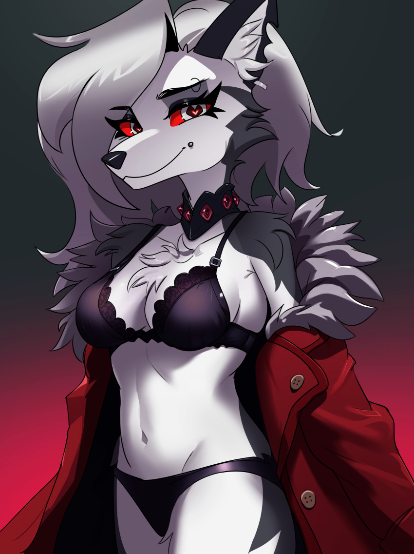 absurd_res anthro body_hair bra breasts canid canid_demon canine canis cheek_piercing cheek_tuft chest_hair choker clothing demon facial_tuft female fur hair hellhound helluva_boss hi_res jacket jesterwing jewelry leg_tuft lingerie long_hair looking_back loona_(helluva_boss) mammal multicolored_body multicolored_fur necklace panties piercing shoulder_tuft smile solo topwear tuft underwear wolf