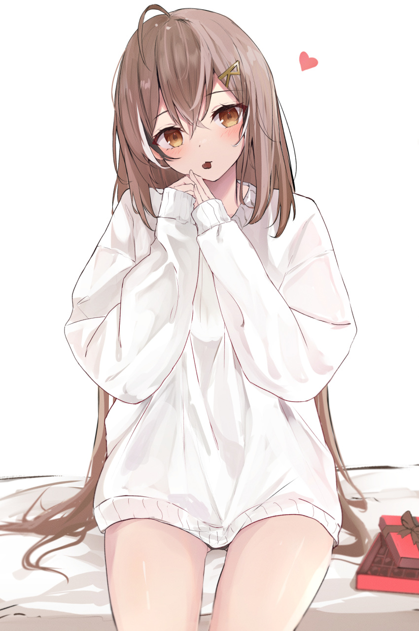 1girl ahoge alternate_costume blush box box_of_chocolates brown_eyes brown_hair candy chocolate fingernails food food_in_mouth hair_ornament hairclip happy_valentine heart heart-shaped_chocolate highres hololive hololive_english long_hair long_sleeves looking_at_viewer naked_sweater nanashi_mumei on_bed oversized_clothes own_hands_together shuuzo3 sleeves_past_wrists sweater valentine very_long_hair virtual_youtuber white_sweater