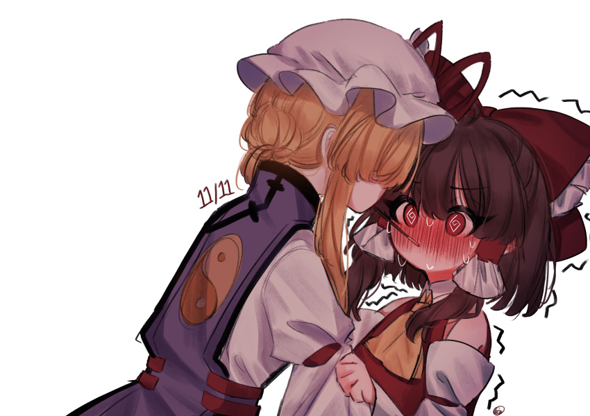 2girls @_@ absurdres ascot blonde_hair blush bow brown_hair clothes_grab commentary_request dated detached_sleeves food frilled_bow frilled_hair_tubes frills hair_bow hair_tubes hakurei_reimu hat hat_ribbon highres korean_commentary long_hair long_sleeves mob_cap multiple_girls pocky pocky_kiss purple_tabard red_bow red_ribbon ribbon simple_background sweat tabard tohou89 touhou trembling white_background yakumo_yukari yellow_ascot yin_yang yin_yang_print yuri