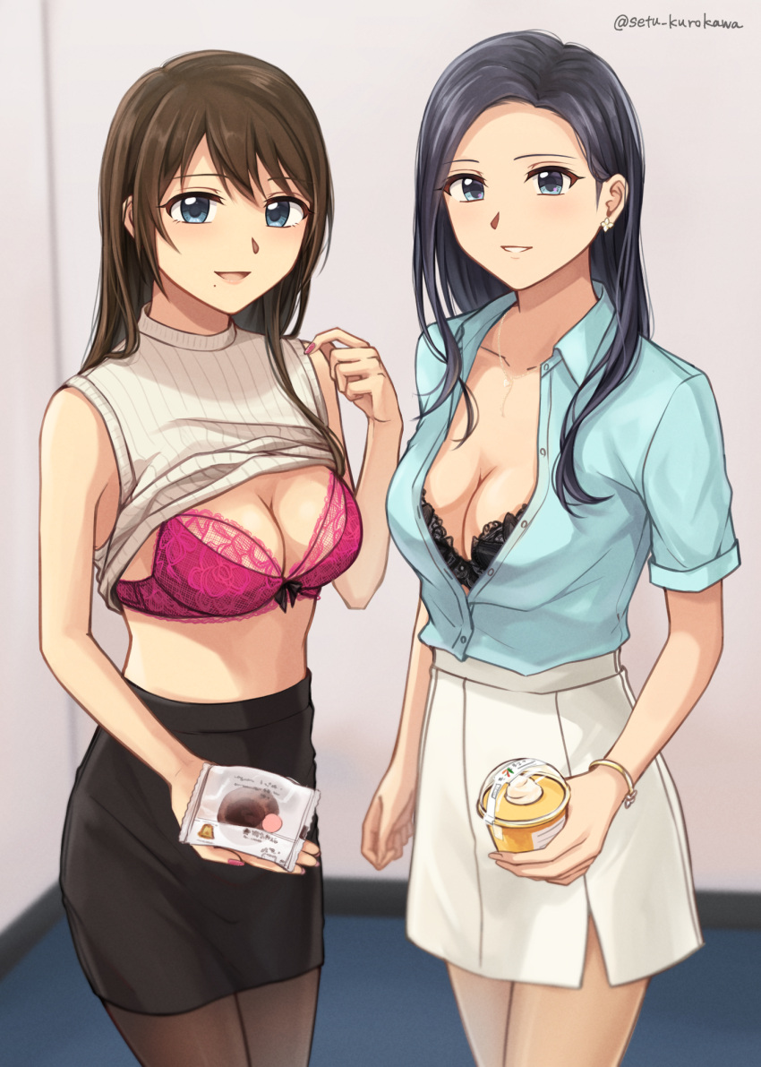 2girls black_hair black_pantyhose black_thighhighs blue_eyes blue_shirt bra breasts cleavage collared_shirt commentary_request commission earrings food highres jewelry multiple_girls office_lady pantyhose pencil_skirt pixiv_commission setu_kurokawa shirt skirt sleeveless smile thighhighs underwear