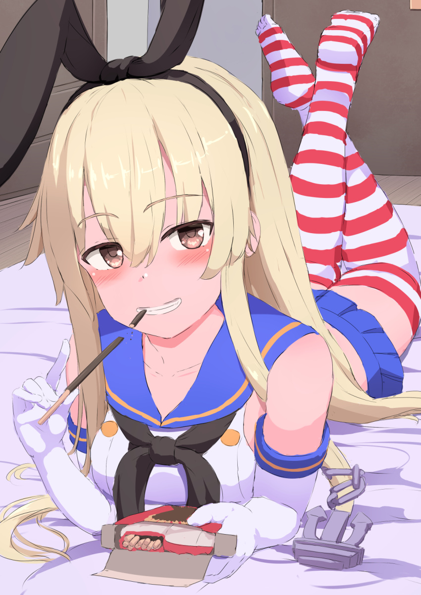 1girl anchor_hair_ornament black_hairband black_neckerchief blonde_hair blue_sailor_collar blue_skirt brown_eyes commentary_request crop_top elbow_gloves food gloves hair_ornament hairband highres kantai_collection long_hair looking_at_viewer lying microskirt miniskirt neckerchief on_stomach pleated_skirt pocky sailor_collar shimakaze_(kancolle) shirt skirt sleeveless sleeveless_shirt soles solo striped_clothes striped_thighhighs thighhighs tsukimoto_reiji white_gloves