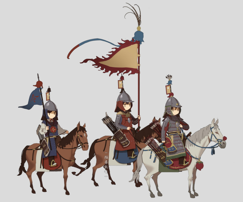 3girls armor arrow_(projectile) bow_(weapon) brigandine_(armor) brown_horse cavalry chinese_armor chinese_empire fangdan_runiu flag grey_background gun helmet holding holding_flag horseback_riding jitome lamellar_armor ming_dynasty mirror_armor multiple_girls original quiver riding saddle_blanket stirrups_(riding) tassel weapon white_horse