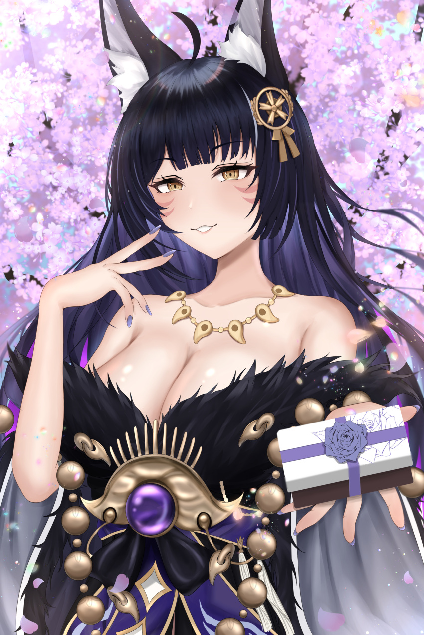 1girl absurdres animal_ear_fluff animal_ears azur_lane bare_shoulders beads black_hair box breasts cleavage collarbone facial_mark falling_petals fox_ears fox_girl gem gift gift_box hair_ornament highres holding holding_gift jewelry kitsune large_breasts long_hair long_sleeves looking_at_viewer low_neckline magatama magatama_necklace musashi_(azur_lane) necklace petals prayer_beads purple_gemstone sethia_sgs solo upper_body valentine very_long_hair whisker_markings wide_sleeves yellow_eyes