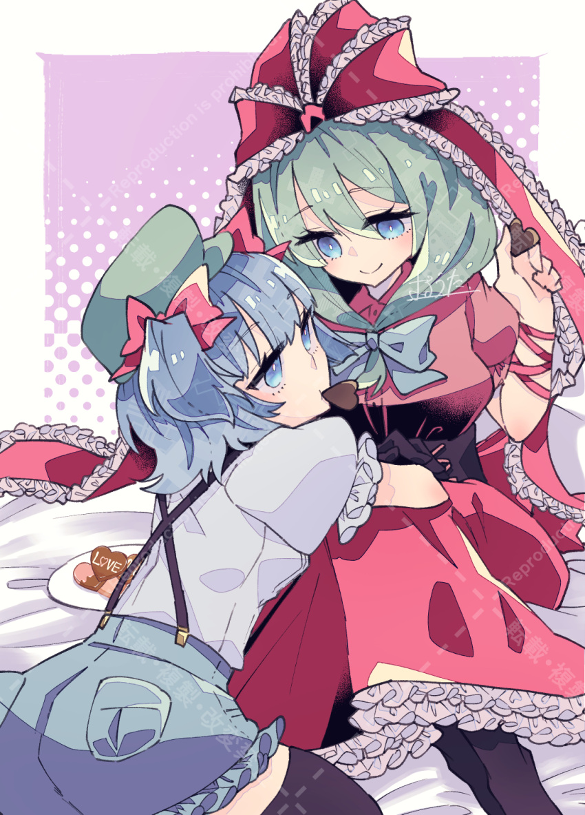 2girls aqua_eyes arm_ribbon artist_name biting black_thighhighs blue_eyes blue_hair bow chocolate dress food frilled_dress frilled_ribbon frilled_sleeves frills front_ponytail green_eyes green_hair hair_bow hair_ribbon highres holding holding_chocolate holding_food hug kagiyama_hina kawashiro_nitori multiple_girls pocket puffy_short_sleeves puffy_sleeves red_bow red_dress red_ribbon ribbon short_sleeves smile thighhighs touhou two_side_up valentine yoruuta yuri