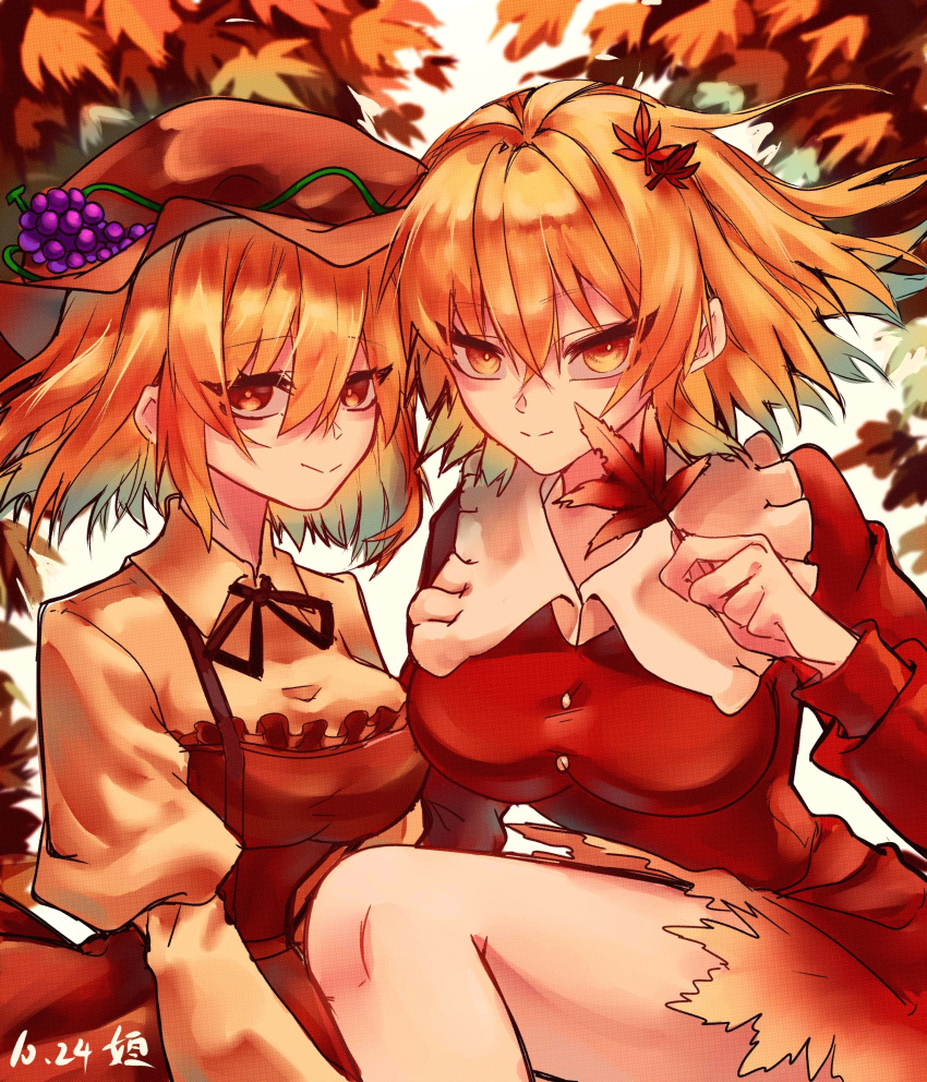 2girls absurdres aki_minoriko aki_shizuha autumn_leaves black_ribbon blonde_hair breasts chinese_commentary closed_mouth collared_shirt commentary_request dress food frilled_shirt_collar frills fruit grapes hair_between_eyes hair_ornament heng_(heng798616) highres holding holding_leaf juliet_sleeves leaf leaf_hair_ornament long_sleeves medium_breasts multiple_girls neck_ribbon pinafore_dress puffy_sleeves red_dress ribbon shirt short_hair siblings sisters sleeveless sleeveless_dress small_breasts smile touhou white_shirt yellow_eyes yellow_shirt