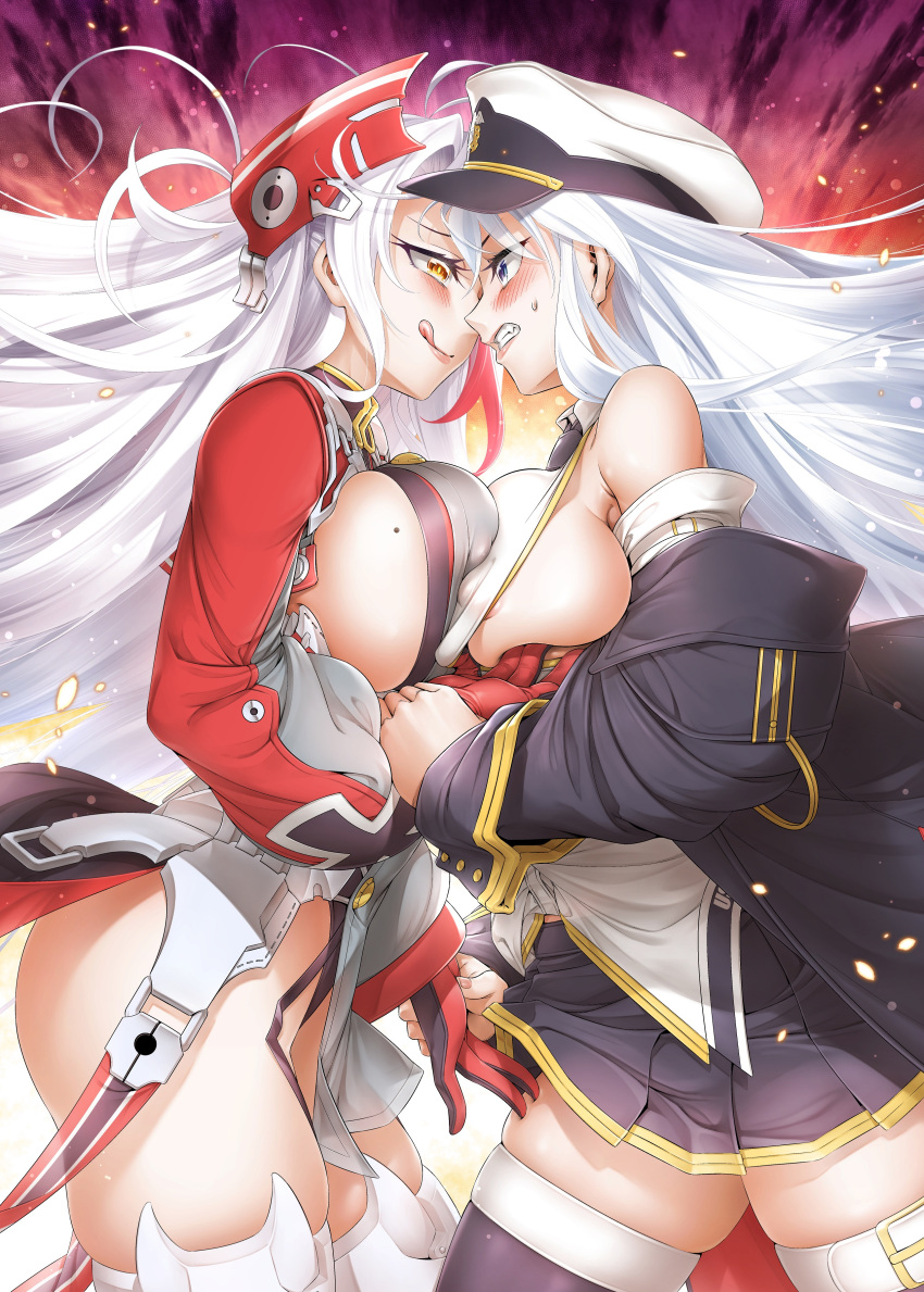2girls absurdres areola_slip ass azur_lane bare_shoulders black_jacket black_skirt black_thighhighs blue_eyes breast_contest breast_press breasts enterprise_(azur_lane) floating_hair from_side headgear highres huge_breasts jacket kineluchs long_hair long_sleeves looking_at_another miniskirt mole mole_on_breast multicolored_hair multiple_girls open_clothes open_jacket pleated_skirt prinz_eugen_(azur_lane) red_hair sideless_outfit skirt streaked_hair symmetrical_docking thighhighs two-tone_hair very_long_hair white_hair yellow_eyes zettai_ryouiki